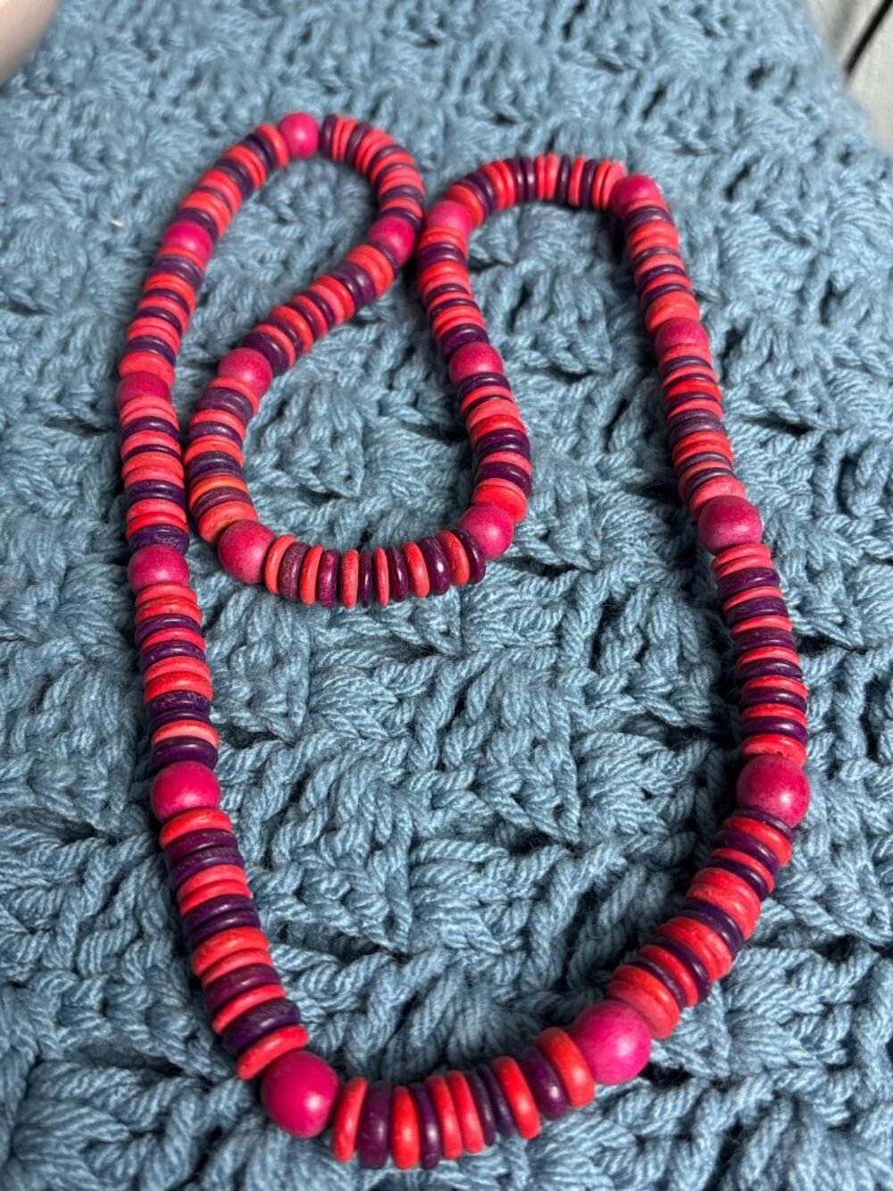 Vintage Wooden Beaded Necklace Pink Red Purple No Clasp 30 inches Long